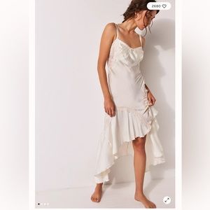 Free People Neon Nights Satin Asymmetrical Lace Midi Slip Dress S